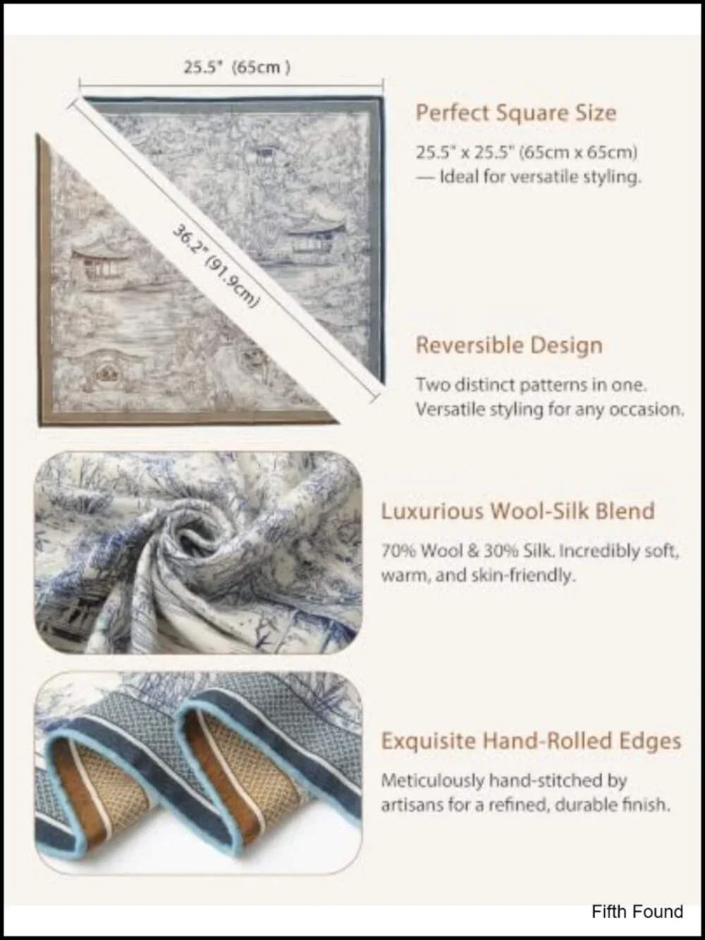 Wool Silk Scarf for Women Reversible Two-Tone Neck Scarf 25.5